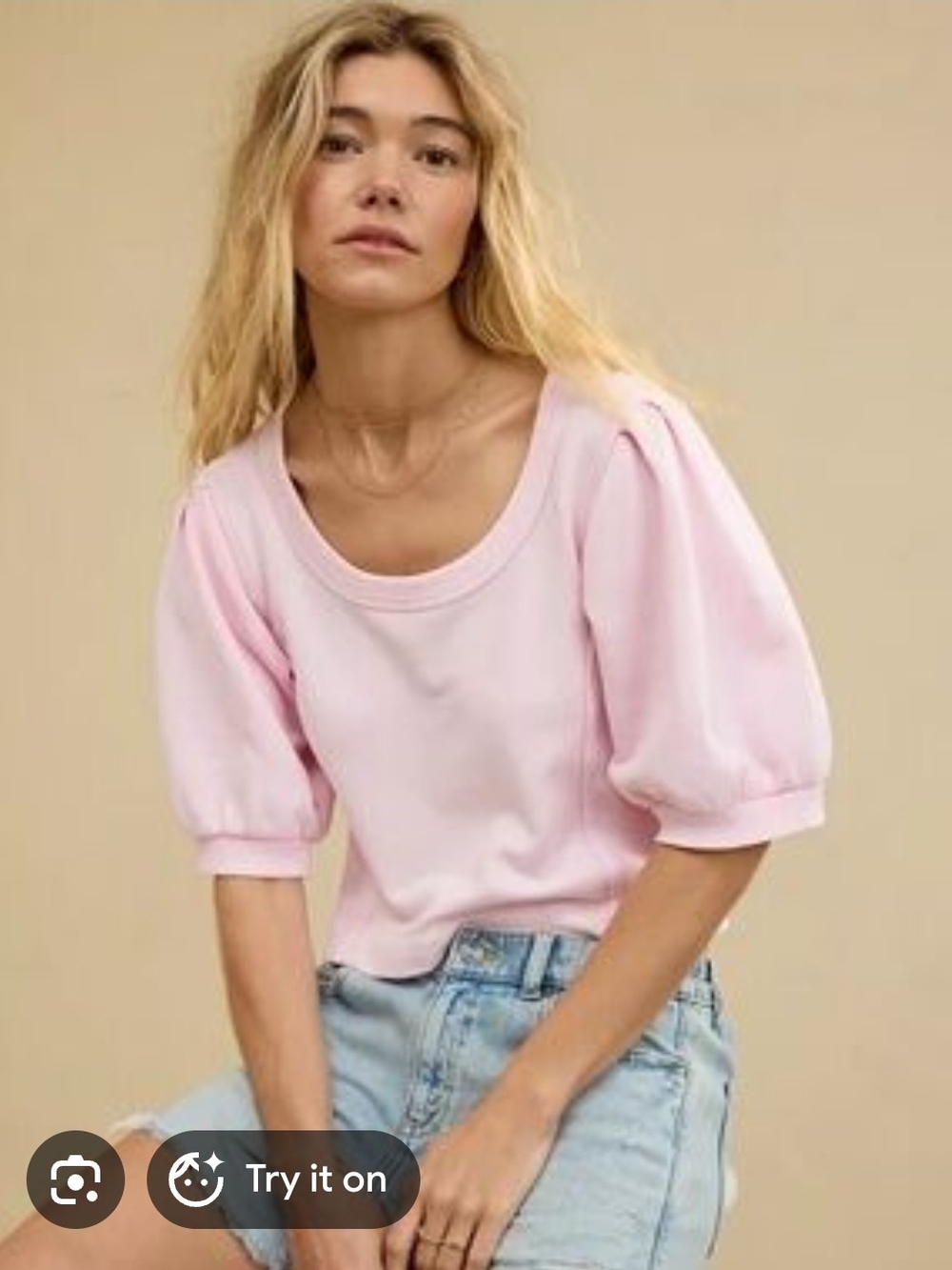 Pink Puff Sleeve Scoop Neck Crop Sweatshirt